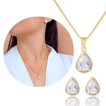 Conjunto Feminino Brinco Colar Gota Cravejada Semijoia Festa