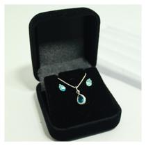 Conjunto Feminino Brinco e Colar Gota Azul Céu Ponto de Luz Prata 925 de Lei