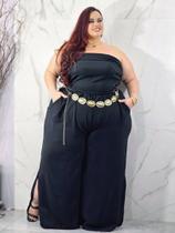 Conjunto Feminino Calça e Cropped Plus Size Tamanho Grande Pantalona com Fenda Top Faixa sem alça Conjunto Feminino Calça e Cropped Plus Size Tamanho Grande Pantalona com Fenda Top Faixa sem alça