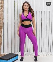 Conjunto feminino calça e top brocado