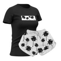 Conjunto Feminino Camiseta Algodão E Short Tactel Coqueiros