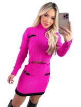 Conjunto Feminino Canelado Blusa Gola Alta E Saia Pelucia