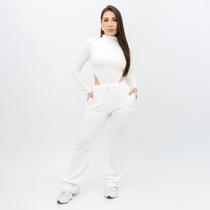 Conjunto Feminino Canelado Body Blusa Vazado Manga Longa Gola Alta Calça Pantalona Cintura Alta Inverno Frio