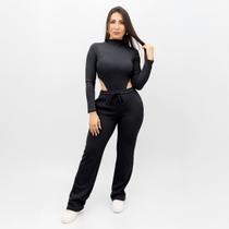Conjunto Feminino Canelado Body Blusa Vazado Manga Longa Gola Alta Calça Pantalona Cintura Alta Inverno Frio