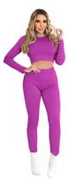 Conjunto Feminino Canelado Elastano Croppd Manga Longa Calça