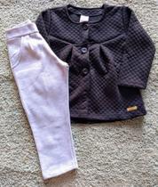 Conjunto feminino casaco cashmere com botão e calça moletom com felpa abrange preto/mescla cza tam 2
