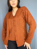 Conjunto Feminino Casaco e Blusa Twinset Tricot Malha Inverno Decote em V Plus Size M ao GG