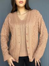 Conjunto Feminino Casaco e Blusa Twinset Tricot Malha Inverno Decote em V Plus Size M ao GG