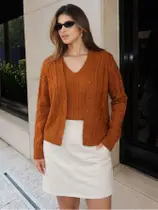 Conjunto Feminino Casaco e Blusa Twinset Tricot Malha Inverno Decote em V Plus Size M ao GG