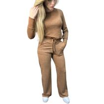 Conjunto Feminino casual/comfy Lanzinha Calça Pantalona, Cintura alta, bolsos laterais, Blusa com pu