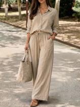 Conjunto feminino casual de calça e blusa de manga comprida com gola lapela Conjunto feminino casual de calça e blusa de manga comprida com gola lapela