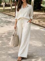 Conjunto feminino casual de calça e blusa de manga comprida com gola lapela