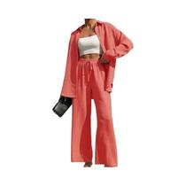 Conjunto Feminino Casual De Camisa Com Botões E Calças De Perna Larga Com Laço Na Frente, Blusa De