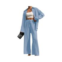 Conjunto Feminino Casual De Camisa Com Botões Frontais E Calças De Perna Larga Com Laço Frontal,