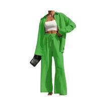 Conjunto Feminino Casual De Camisa Com Botões Frontais E Calças De Perna Larga Com Laço Frontal,