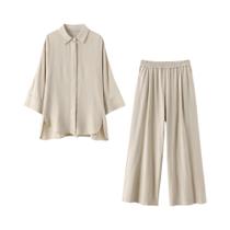 Conjunto Feminino Casual De Camisa Solta E Calça De Manga Longa Com Lapela E Cintura Elástica, Calça