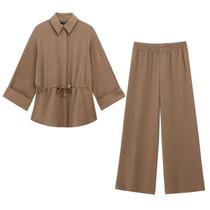 Conjunto Feminino Casual De Rua: Blusa Lisa Com Lapela E Calça De Cintura Elástica Conjunto Feminino Casual De Rua: Blusa Lisa Com Lapela E Calça De Cintura Elástica