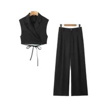 Conjunto Feminino Casual De Verão Com Calça De Cintura Alta E Blusa Decote V Com Amarração E Detalhe