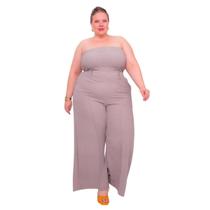 Conjunto feminino casual elegante cropped sem alça e pantalona wide leg duna liso 44 ao 54 - Top elastex e Calça