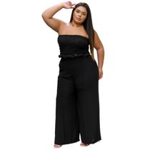 Conjunto feminino casual elegante cropped sem alça e pantalona wide leg duna liso 44 ao 54 - Top elastex e Calça