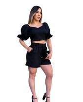 Conjunto Feminino Casual Shorts e Croped em Alfaiataria