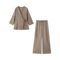 Conjunto Feminino Chique De 2 Peças: Camisa Com Cadarço E Calça Vintage Com Cintura Elástica.