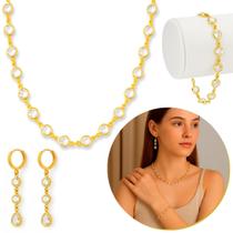 Conjunto Feminino Colar Brinco 3 Bolinhas Com Pulseira Banhado