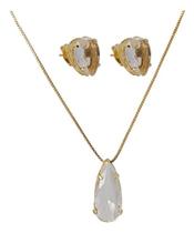 Conjunto Feminino Colar E Brinco Gota Cristal Banhado Ouro