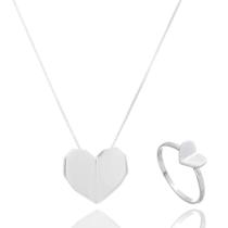 Conjunto Feminino Colar Pingente Anel Coração Origami Prata