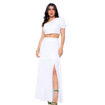 Conjunto Feminino Convidada Festa Saia Com Fenda Lateral E Cropped Manga Única