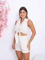 Conjunto Feminino Cropedd Blusa com Nozinho sem Manga e Shorts Tecido Premium