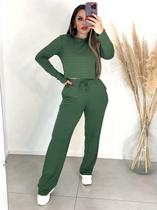 Conjunto Feminino Cropped Alongado Calça Pantalona Moletinho