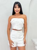 Conjunto feminino cropped c/ bojo e shorts alfaiataria listrado s9589 Conjunto feminino cropped c/ bojo e shorts alfaiataria listrado s9589
