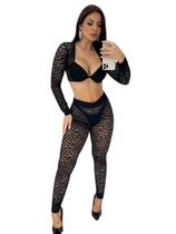 Conjunto Feminino Cropped com Bojo Calça Renda Versátil Manga Longa