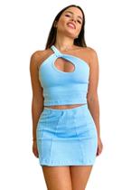 Conjunto Feminino Cropped Com Decote Sem Bojo Shorts Saia