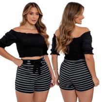 Conjunto Feminino Cropped Com Mangas Ombro a Ombro e Short Ajustável Listrado