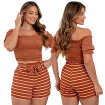 Conjunto Feminino Cropped Com Mangas Ombro a Ombro e Short Ajustável Listrado