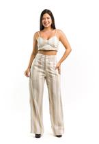 Conjunto Feminino Cropped e Calça Pantalona Listrado de Linho Conjunto Feminino Cropped e Calça Pantalona Listrado de Linho