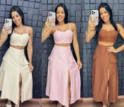 Conjunto Feminino Cropped e Saia Midi com Bolsos e Fenda