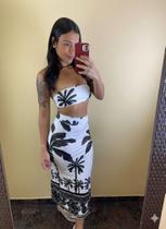 Conjunto Feminino Cropped Faixa e Saia Midi Tropical Estampado Folhagem Praia Verão