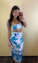 Conjunto Feminino Cropped Faixa sem alça e Saia Midi Tropical Estampado Folhagem Praia Verão
