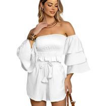 Conjunto Feminino Cropped Manga Ciganinha Shorts Curto Babado Ombro a Ombro sem alça Estiloso Praia Natal Fim de Ano - Meimi