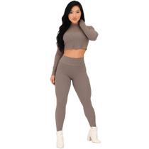 Conjunto feminino cropped manga longa e calça canelado 3D