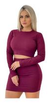 Conjunto Feminino Cropped Manga Longa Saia Curta