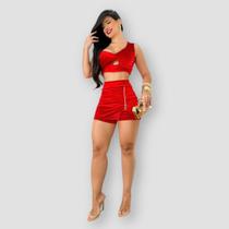 Conjunto Feminino Cropped Manga + Short Saia Ziper 0644