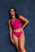 Conjunto Feminino Cropped Poliamida e renda Alongado C/ Bojo + calcinha renda antialérgica fio duplo