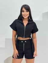 Conjunto feminino curto blusa cropped com zíper e shorts 9721