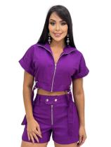 Conjunto feminino curto blusa cropped com zíper e shorts 9721