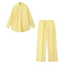 Conjunto Feminino De 2 Peças Com Camisa Solta Decorada Com Bolso Listrado E Calça De Cintura Alta