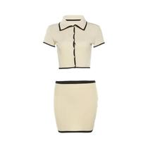 Conjunto Feminino De 2 Peças Com Gola Polo Canelada E Botões: Top Cropped E Minissaia Elástica Para